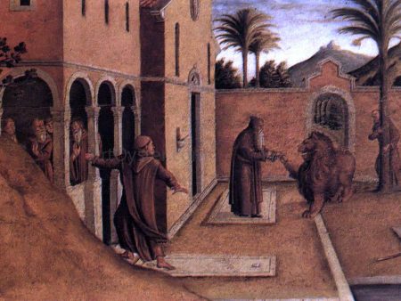 St Jerome Bringing the Lion to the Convent by Lazzaro Bastiani - Hand-Painted Oil Painting on Canvas For Sale